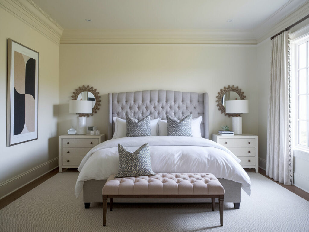 transitional bedroom with a gray tufted headboard, minimalist nightstands, and contemporary abstract art