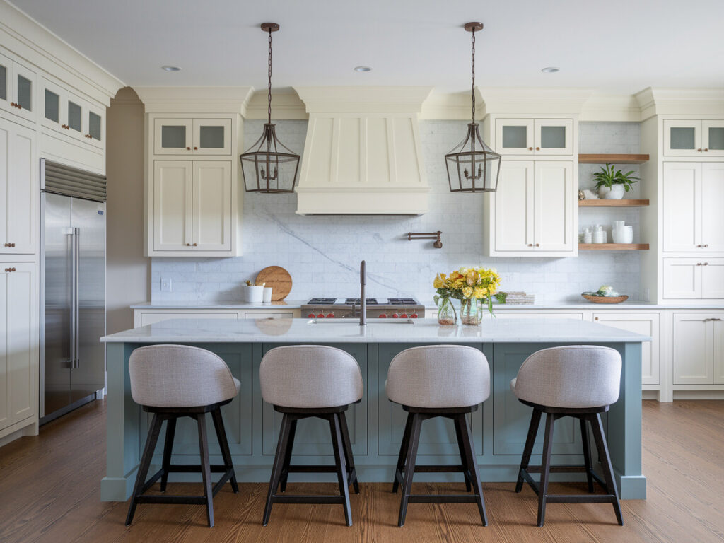 transitional kitchen with white Shaker-style cabinetry, marble countertops, and modern industrial pendant lights