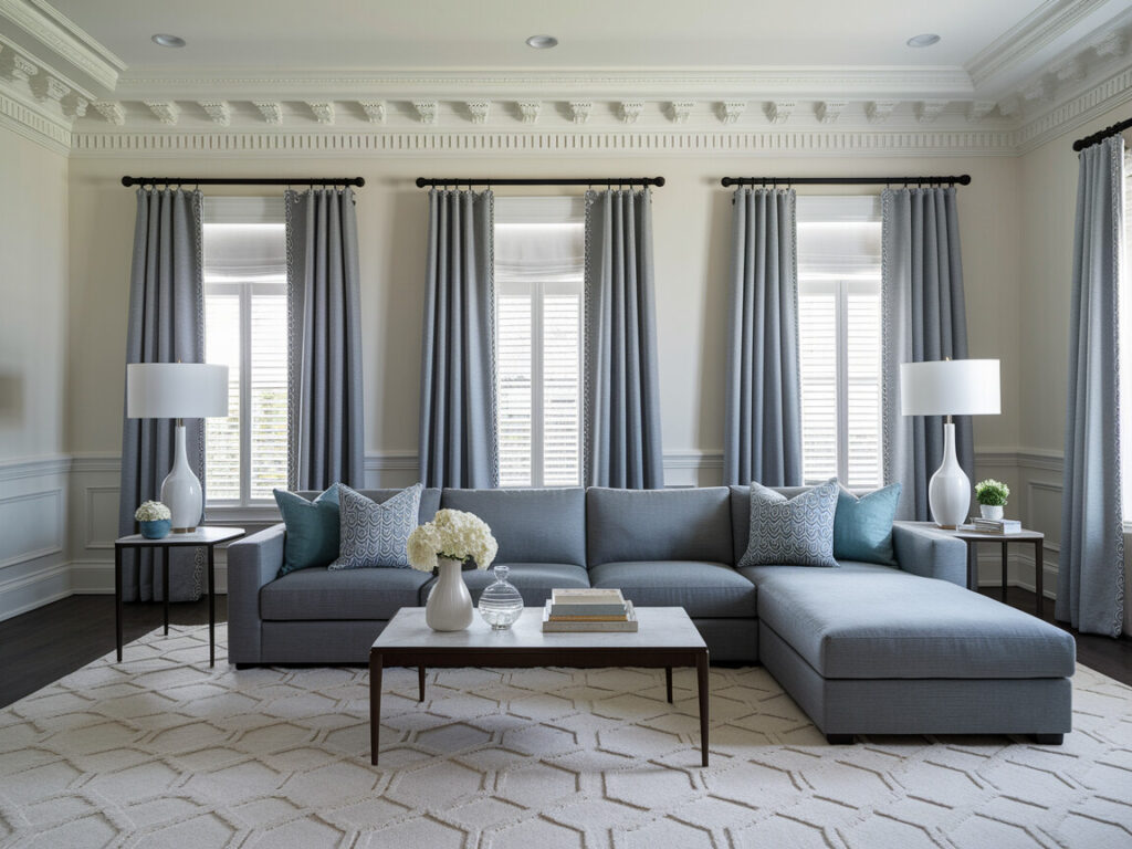 transitional living room with a gray sectional sofa, crown molding, and rug with a geometric texture pattern