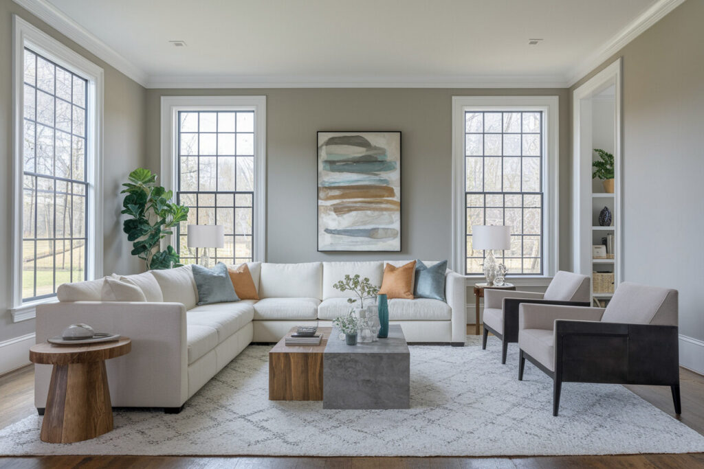transitional style living room with gray walls and cream sectional sofa
