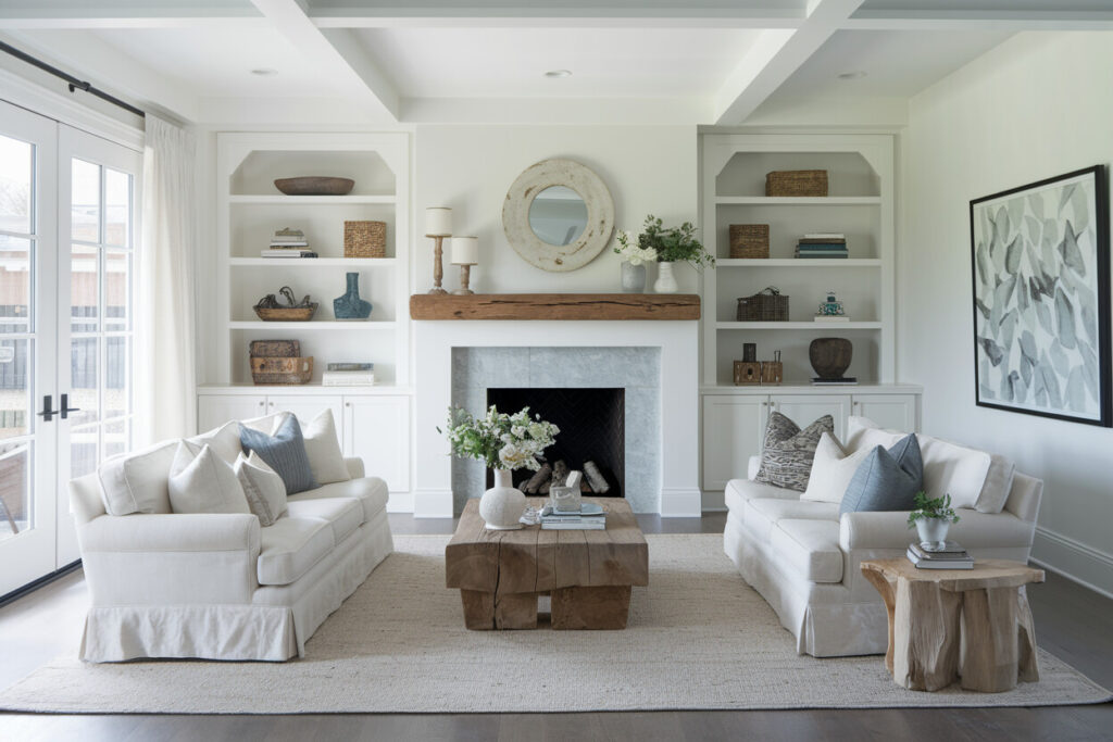 white rustic style living room with slipcovered sofas, built-in shelving, and rustic wood elements