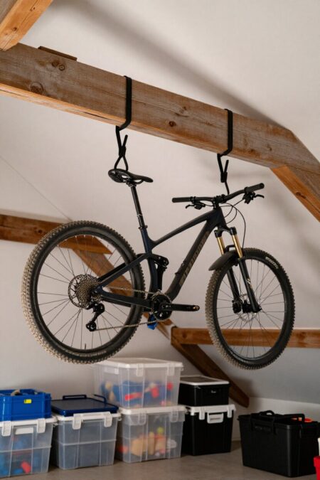 attic with a bike suspended with rafter hooks