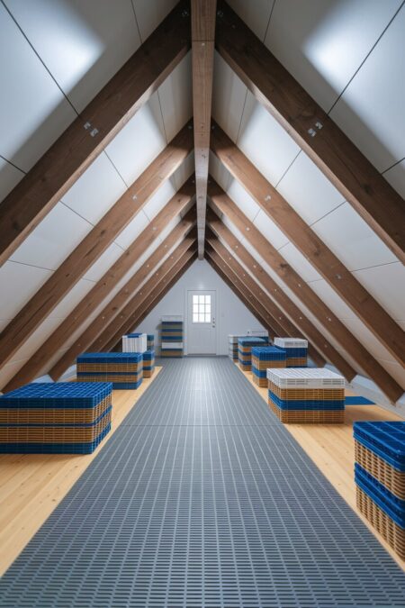 attic with platform decking system and defined storage areas