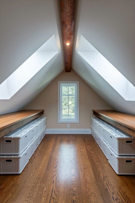 attic with rolling bins in the deep eaves