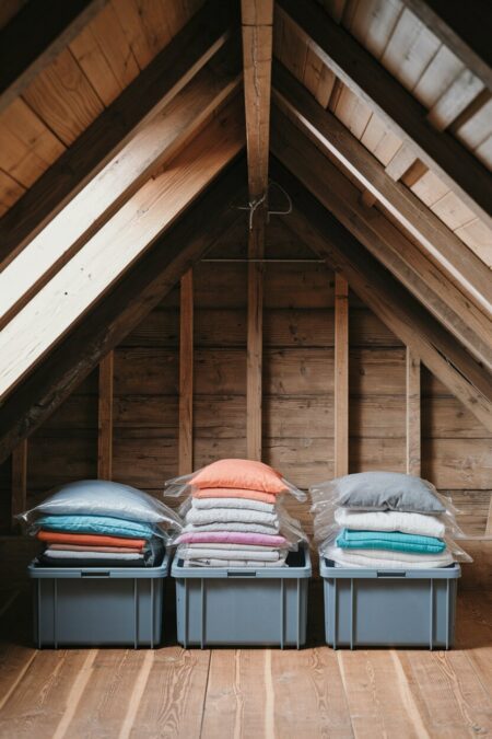 attic with textiles in the vacuum-seal bags