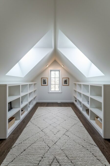 attic with white knee wall built-in cubbies