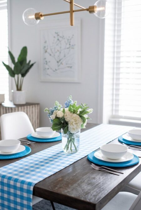 blue and white gingham table runner as spring table decor