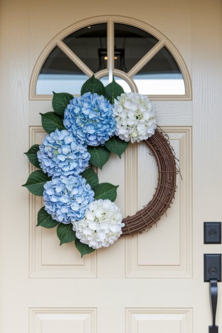 blue and white hydrangea spring wreath for front door