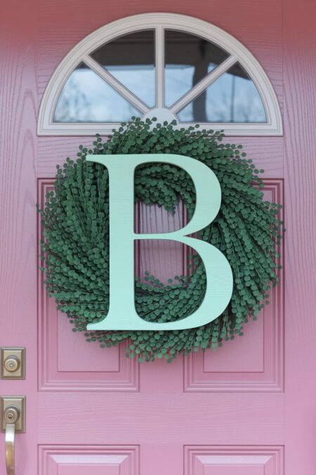boxwood spring wreath for front door with a large pastel wooden initial