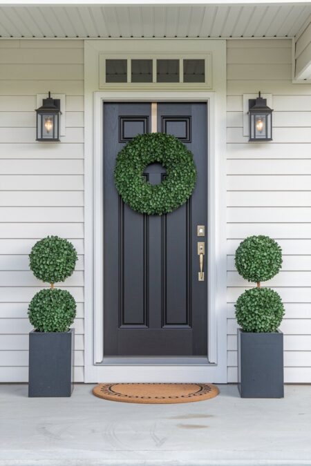 boxwood topiaries and wreath as spring door decor
