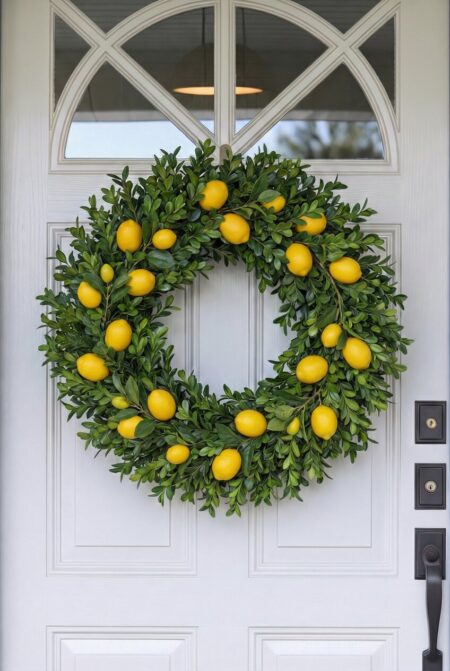 boxwood wreath with faux lemons as spring door decor