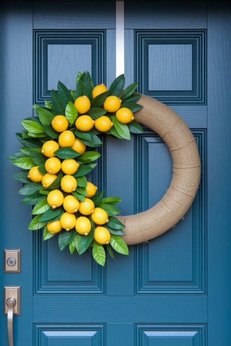 burlap spring wreath with artificial lemons for front door