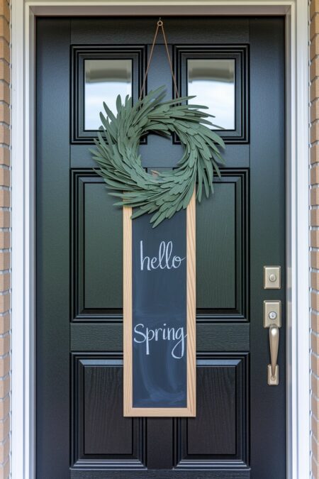 chalkboard welcome sign with a message as spring door decor