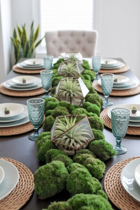clumps of preserved moss and small glass terrariums as spring table decor