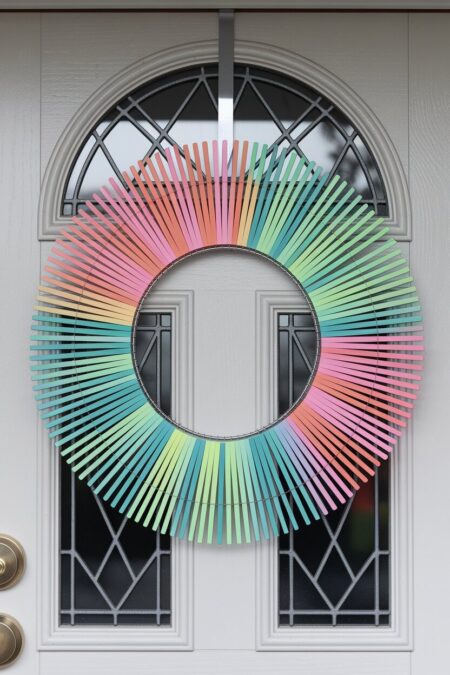 colorful DIY Easter wreath made of teal, coral, and mint clothespins on the front door