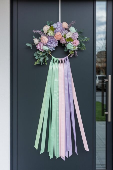 colorful ribbons (mint green, soft pink, and lavender) on the ring as spring door decor