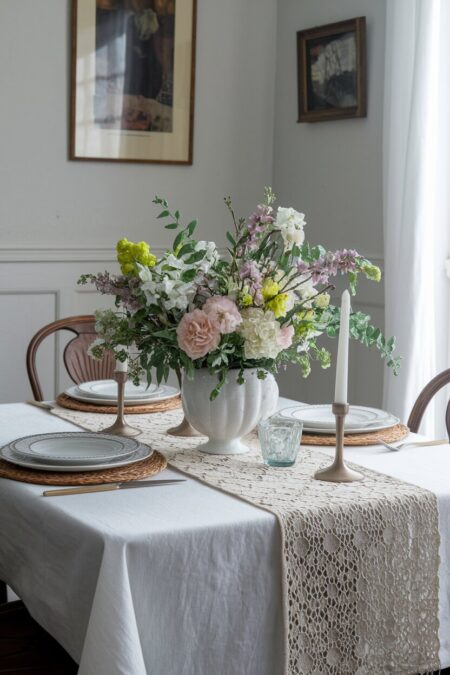 crisp white tablecloth with a vintage lace runner and a vase with flowers as spring table decor