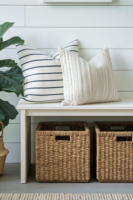 decorative wicker baskets under a bench as spring entryway decor