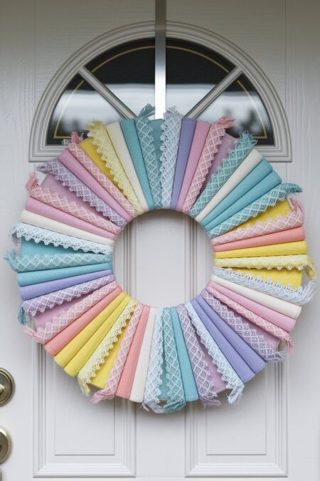 Easter wreath of fabric scraps on the white front door