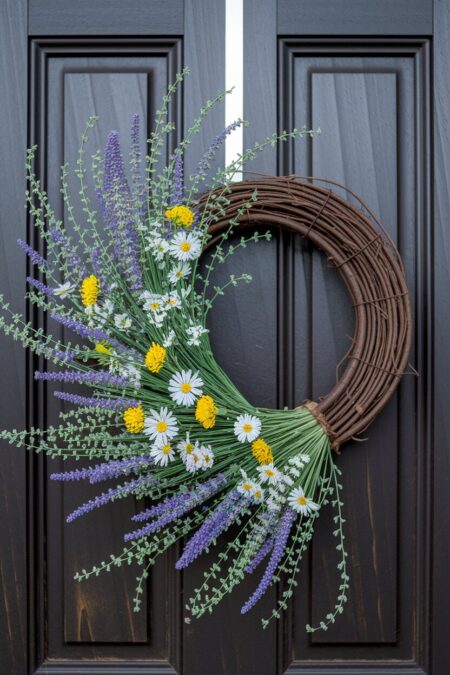 Easter wreath of grapevine and wildflowers on the dark front door