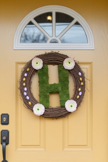 Easter wreath with a moss letter, silk ranunculus, and tiny gold eggs on the light yellow front door