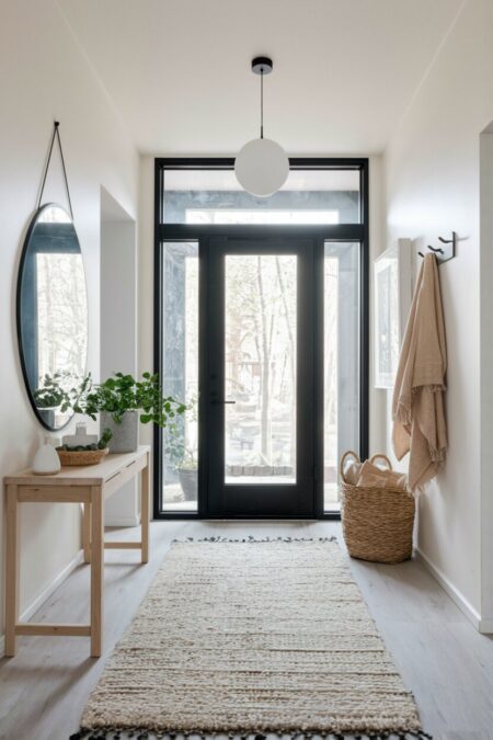 entryway with a neutral lightweight cotton rug as spring decor