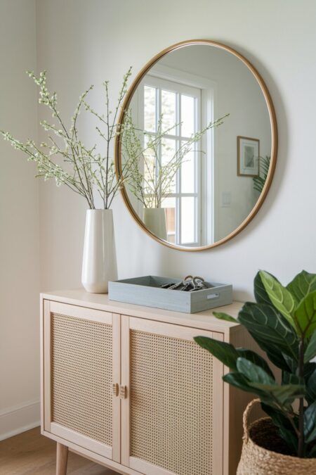 entryway with a round mirror, lightwood console table with a tray for keys, and vase with spring branches
