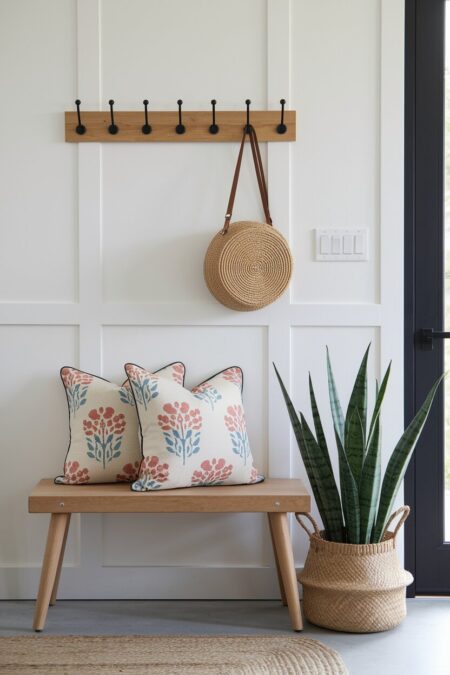 entryway with a wooden bench and throw pillows with floral pattern as spring decor