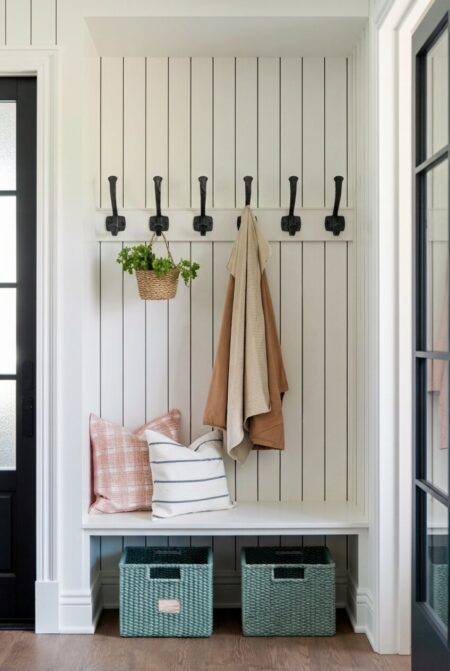 entryway with black coat hooks with hanging plant and mint green storage baskets as spring decor