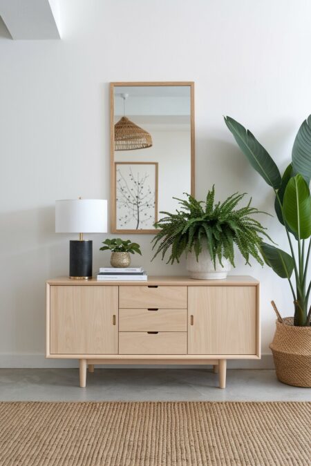 entryway with a light wood console table and fern as spring decor
