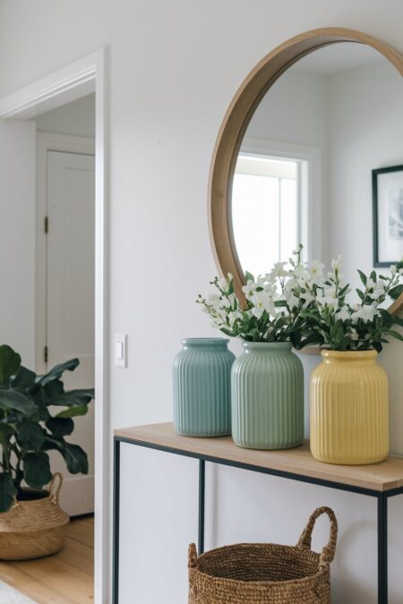 entryway with pastel vases on the console table as spring decor