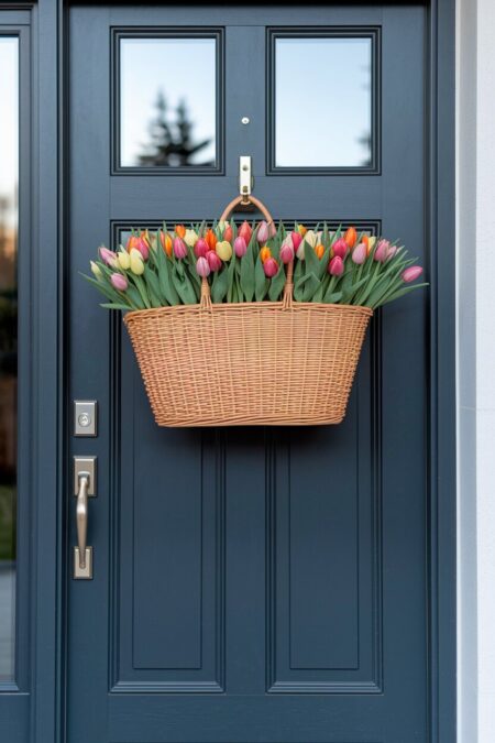 flat-backed wicker basket with colorful tulips as spring door decor