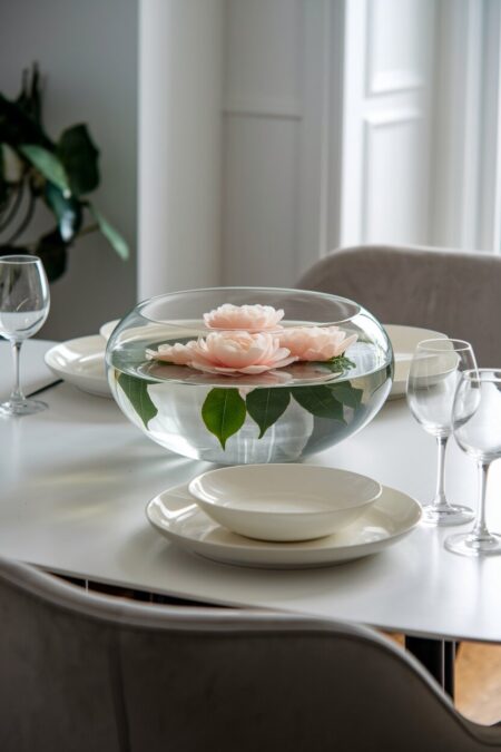 floating flower heads of camellias or peonies in the glass bowl as spring table decor