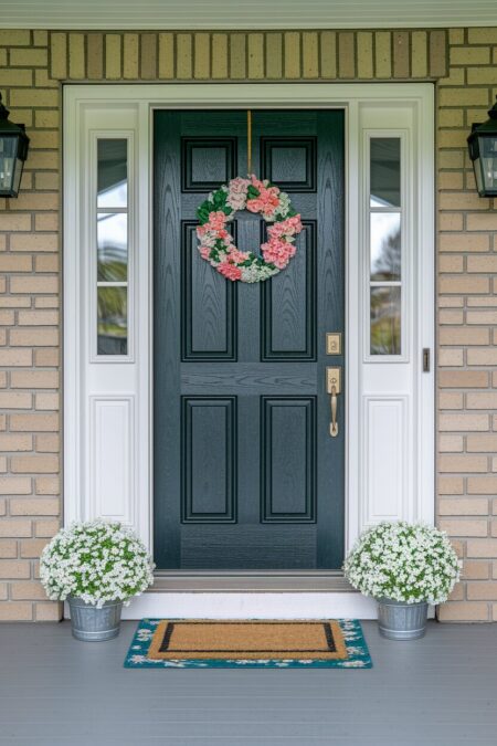 floral door mat under a standard coir doormat as spring door decor