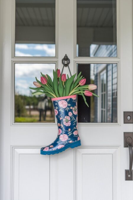floral rain boot with tulips as spring door decor