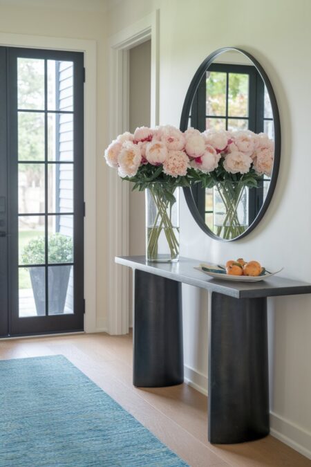 fresh peonies in the tall glass vase on the black console table as spring entryway decor