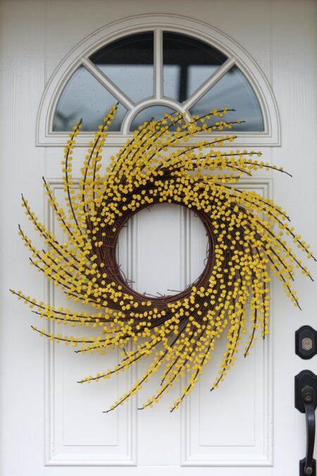 front door with Easter wreath made of forsythia