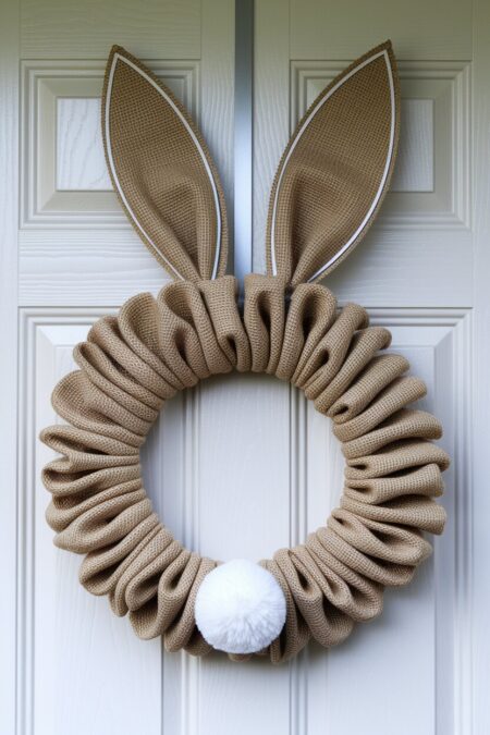 front door with ruffled burlap Easter wreath with bunny ears
