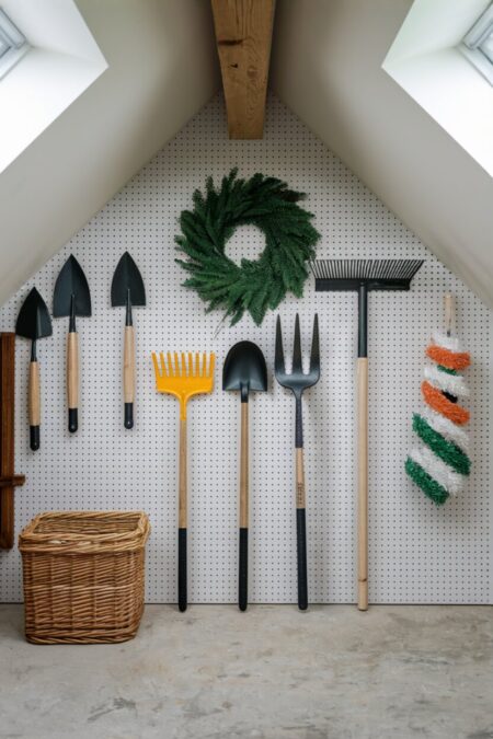 gable wall of the attic with a pegboard for storing gardening tools and wreaths