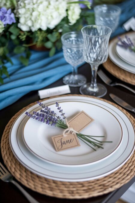 garden tag place cards and a sprig of lavender as spring table decor