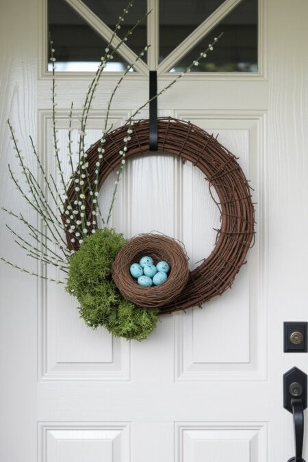 grapevine spring wreath for front door with a small decorative bird's nest with blue eggs and pussy willow branches