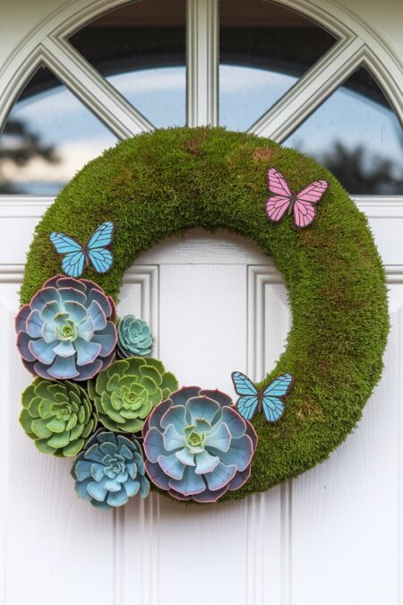 green moss Easter wreath for front door with succulents and miniature pastel butterflies