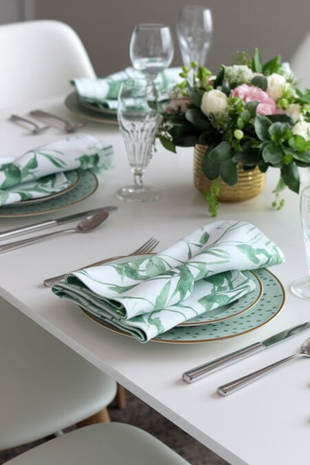green watercolor-print napkins as spring table decor