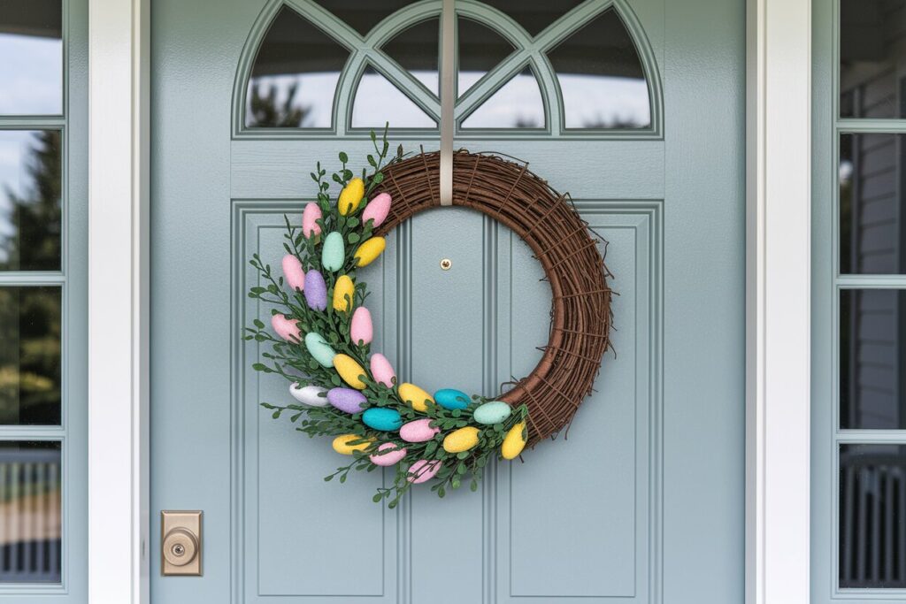 light gray front door with an Easter wreath