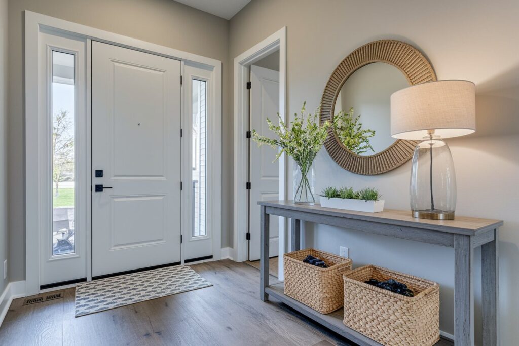 light modern entryway with flowers as spring decor