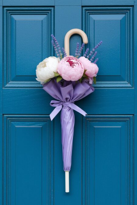 lilac umbrella with silk peonies and lavender as spring door decor