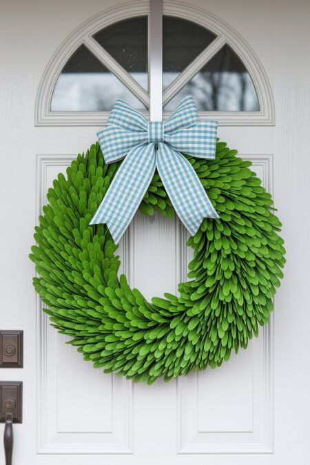 minimalist boxwood Easter wreath for front door with a bow in a soft gingham pattern