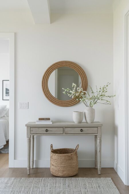 minimalist entryway with spring decor on the console table