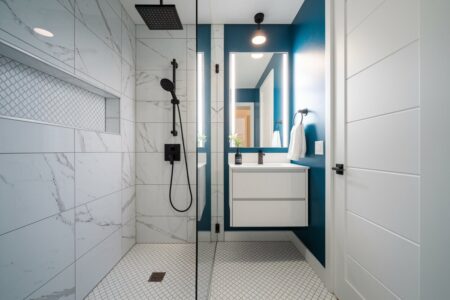 9 Small Bathroom Storage Ideas for Organizing Your Items modern small bathroom with a shower niche and white floating vanity
