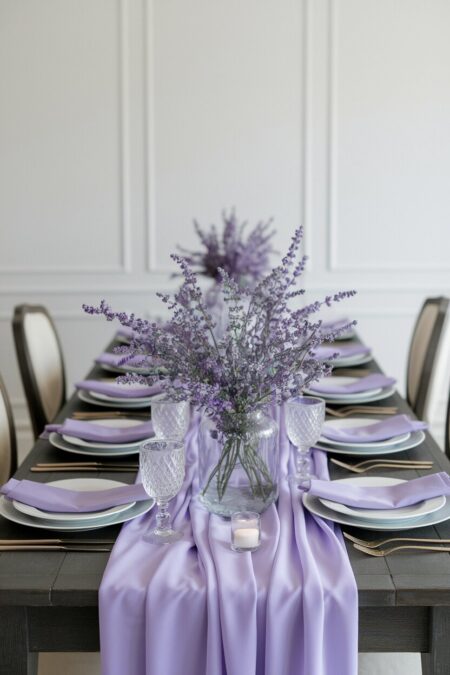 monochromatic pastel lavender table runner and napkins as spring table decor